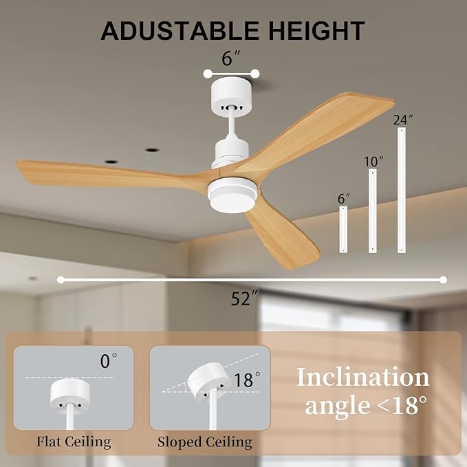 Obabala 52I Wood Ceiling Fan Modern Ceiling Fan with LED Light and Remote Control for Patios Indoor Reversible DC Motor Timmer