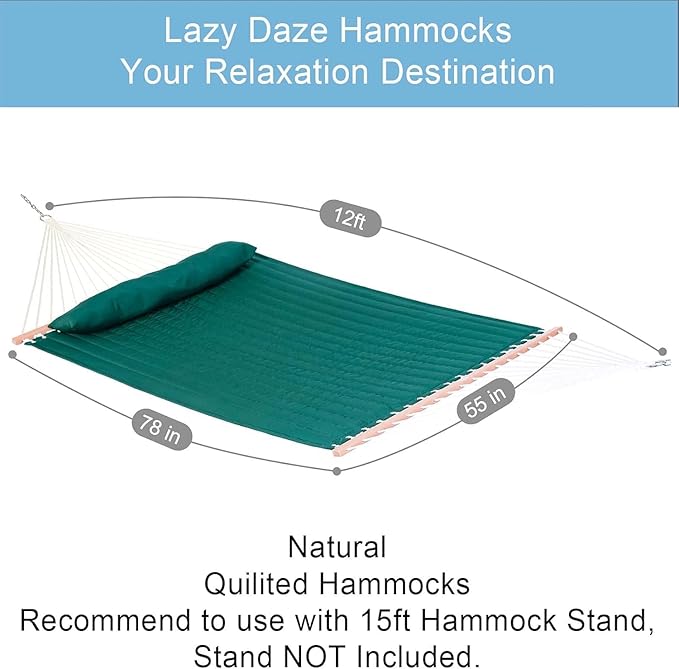 Lazy Daze Hammocks 12 FT Double Quilted Hammock with Spreader Bars and Pillow, 2 Person Hammock for Outdoor Patio Backyard Poolside, 450 LBS Weight Capacity, Dark Green/Natural