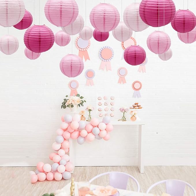 Round Chinese Paper Lanterns Decorative 15pcs Wedding Birthday Party Valentine's Day Baby Showers Decoration (Pink)