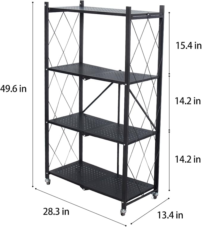 Life Hacks 2pcs 4-Tier Foldable Shelves for Storage, No Assembly Required, Folding Shelf Unit Pantry Shelves with Wheels, Metal Shelving Storage Rack Shelf for Kitchen Garage Home