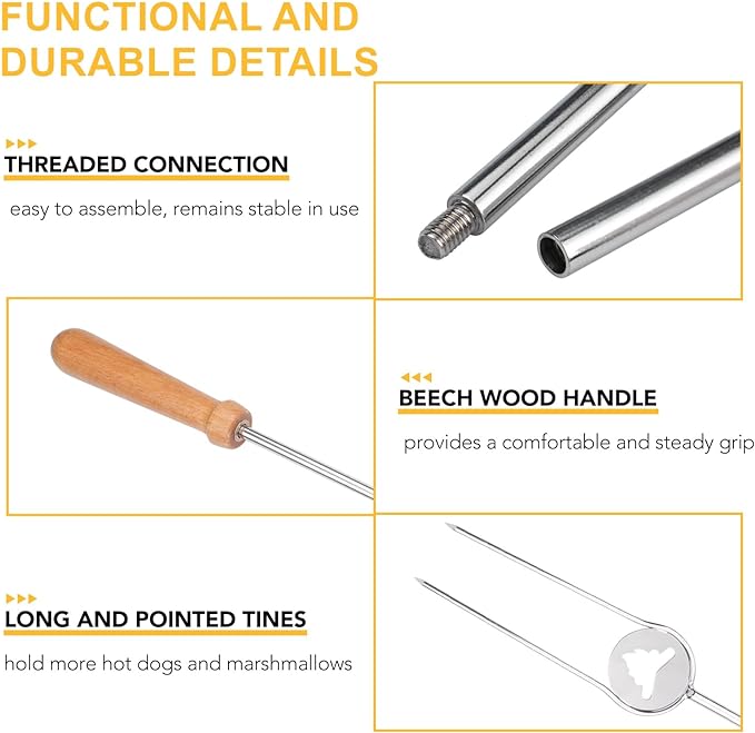 Heavy Duty Hot Dog Roasting Sticks for Campfire, Extendable Marshmallow Sticks for Fire Pit, 32" Long Smores Sticks, Stainless Steel Skewers for Hotdogs and Smores, Beech Wood Handle, 4 Pack