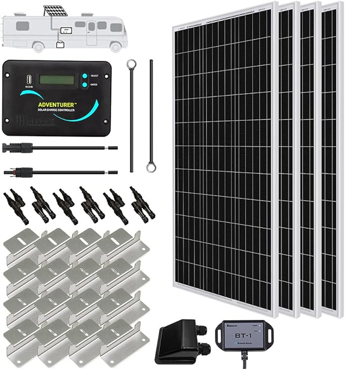 Renogy 400 Watts 12 Volts Monocrystalline Solar RV Kit Off-Grid Kit with Adventurer 30A PWM LCD Charge Controller+ Mounting Brackets+ Male and Female Connectors+Solar Cables+Cable Entry housing