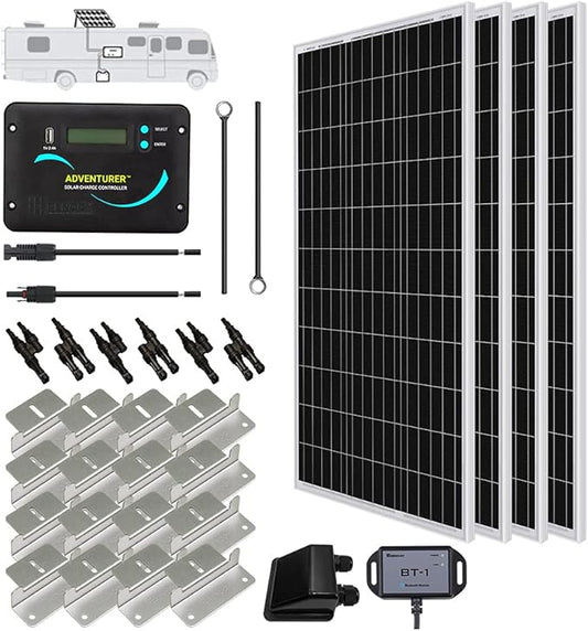 Renogy 400 Watts 12 Volts Monocrystalline Solar RV Kit Off-Grid Kit with Adventurer 30A PWM LCD Charge Controller+ Mounting Brackets+ Male and Female Connectors+Solar Cables+Cable Entry housing