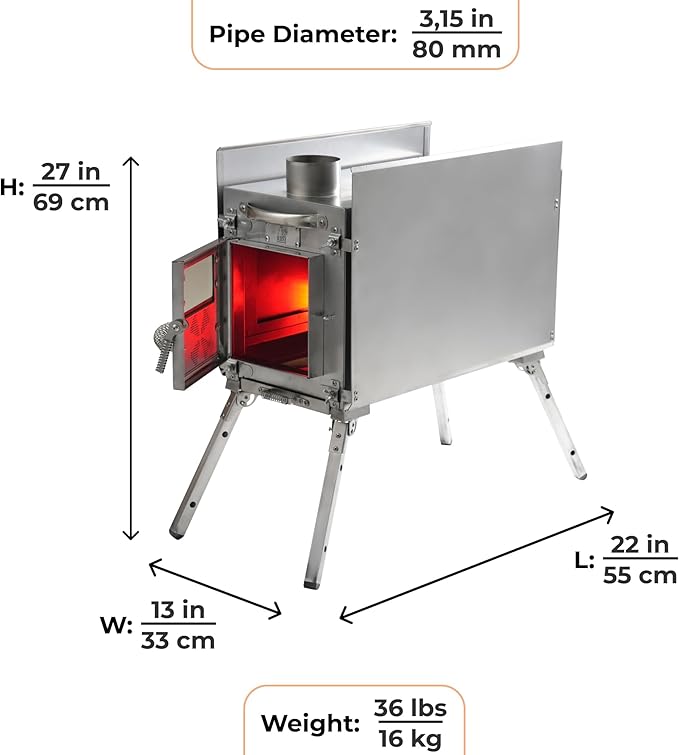 Rbm Outdoors Camping Stoves for Tents, Shelters, Yurts. Portable Wood Burning Folding Stove for Camp, Cooking Outdoor. Compact Folding Pipes Chimney (Caminus M)