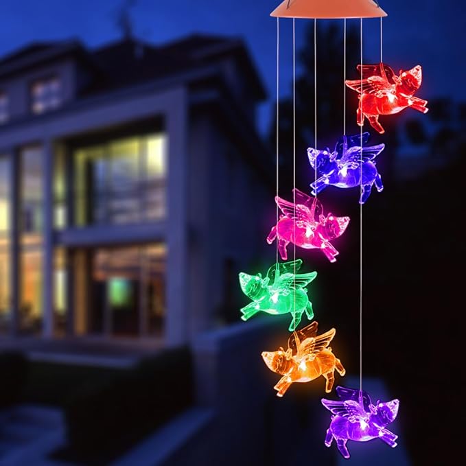 ME9UE Solar Fly Pigs Wind Chimes, Outdoor Waterproof Mobile Romantic LED Multi Color-Changing Solar Sensor Powered Lights for Home, Yard, Night Garden, Party, Valentines Gift, Festival Decor