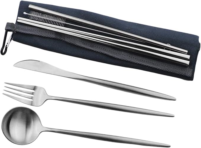 Gugrida Reusable Travel Utensils, 7 Pieces Portable 18/10 Stainless Steel include Knife Fork Spoon Chopsticks Cleaning Brush Straws Portable Pouch, Eco-friendly Camping Silverware Set, Dishwasher Safe