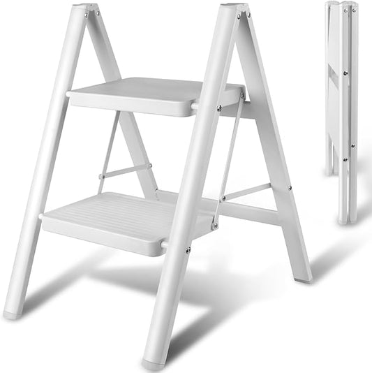 Upgraded 2 Step Ladder, 330 lbs Folding Aluminum Step Stool with Wide Anti-Slip Pedals, Lightweight & Portable Ladder for Kitchen, Closet, Office, Home Use - White