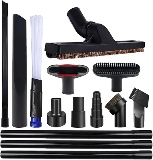14 PCS Universal Vacuum Attachments & Brushes Kit for Shop Vac Accessories & Household Cleaning, Includes 2 1/2" to 1 1/4" and 1 7/8" to 1" Vacuum Hose Adapter,Crevice Tool & 3 Vacuum Extension Wands