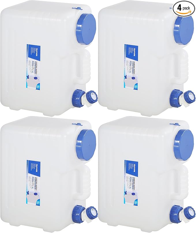RedSwing 4 Pack 4 Gallon/15L Portable Water Container with Spigot, Water Storage Carrier for Camping Outdoor Hiking, BPA Free