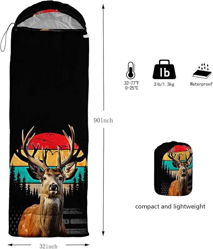 HOSIMA Dear Hunting Pattern Cold Weather Sleeping Bags for Adults,Black Light Weight Sleeping Bags for Kids Adults,WaterProof Sleeping Bags for Outdoors Hiking.