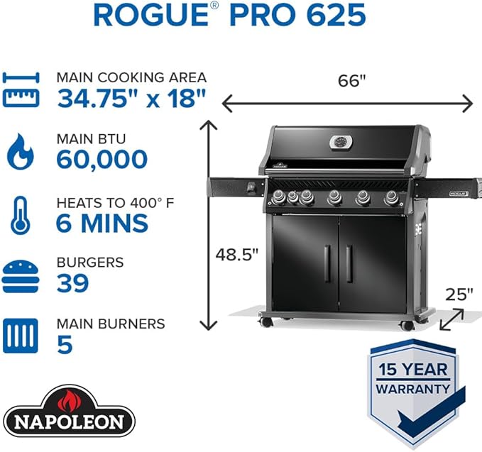 Napoleon Rogue PRO 625 Natural Gas Grill with Infrared Side Burner, Black, Durable 6-Burner Cooking Power