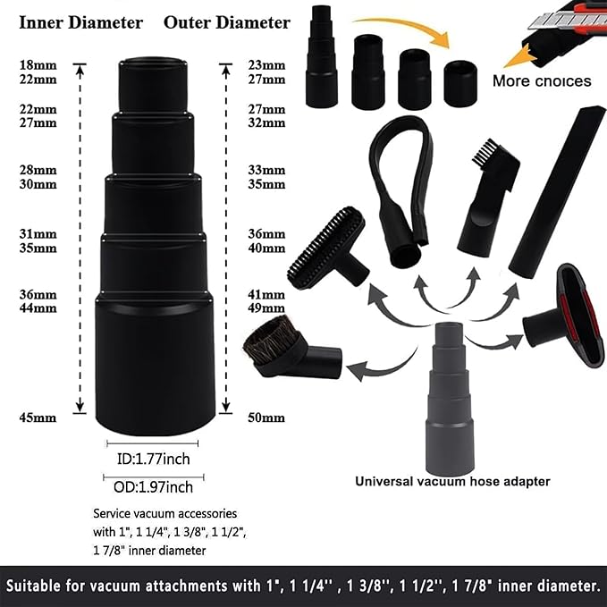 IN VACUUM 15 Pcs Universal Vacuum Attachments & Brushes for Shop Vac Accessories - 2 1/2" to 1 1/4" Hose Adapter for Shop Vac, 1 7/8" to 1" Vacuum Hose Adapter, 1 1/4" Shop Vacuum Cleaner Attachments