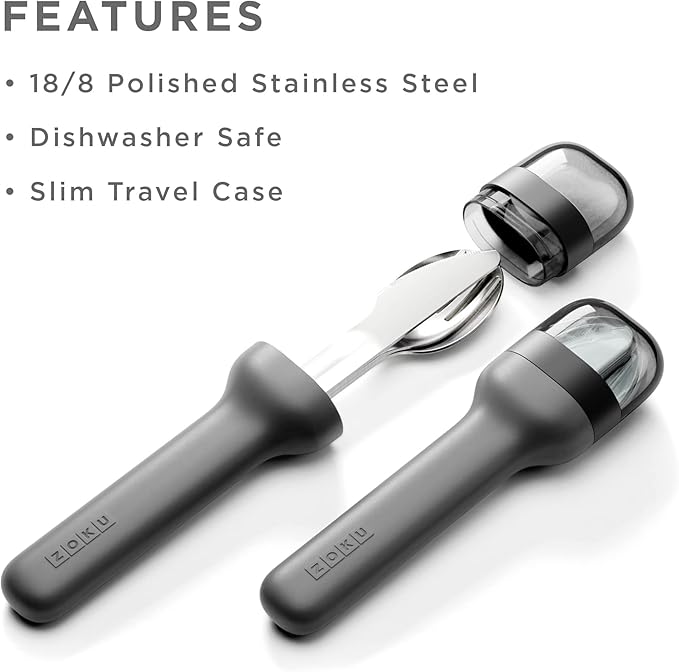 ZOKU Pocket Utensil Set, Charcoal - Stainless Steel Fork, Knife, and Spoon Nest in Hygienic Case - Portable Design for Travel, School, Work, Picnics, Camping and Outdoor Home Use