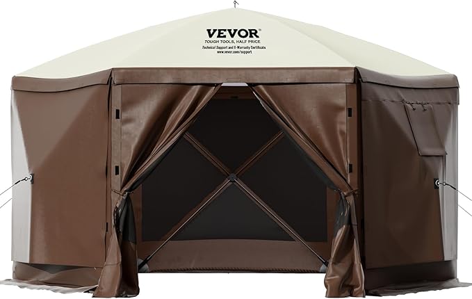 VEVOR Pop Up Gazebo Screen Tent, Pop-Up Instant Gazebo Tents with Mosquito Netting Outdoor Canopy, 6 Sided Sun Shelter 10x10ft with 6 Removable Wind Cloths & 2 Mesh Windows, Pavilion Tent for Patio