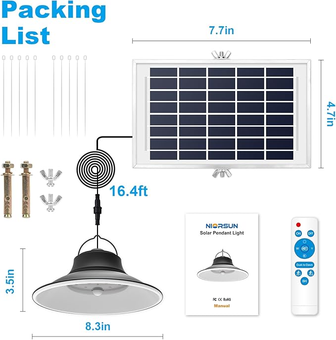 NIORSUN Solar Pendant Light, Upgraded Motion Sensor Light Outdoor Solar Lights Indoor Dimmable with Remote 3000K/4500K/6000K, 16.4ft Cable IP65 Waterproof for Shed, Barn, Gazebo, Patio(1 Pack)