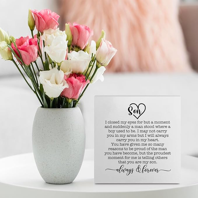 Inspirational Son Gifts from Mom Office Supplies Rustic Desk Decor Motivational Son Birthday Gifts White Wooden Box Sign Farmhouse Wood Plaque Cubicle Accessories Home Shelf Table Counter Decorations