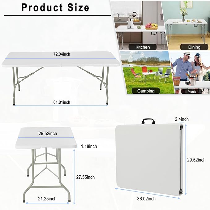 6ft Heavy Duty Portable Folding Table - Plastic Dining Table Indoor/Outdoor White Plastic Table for Parties, BBQs, and Camping