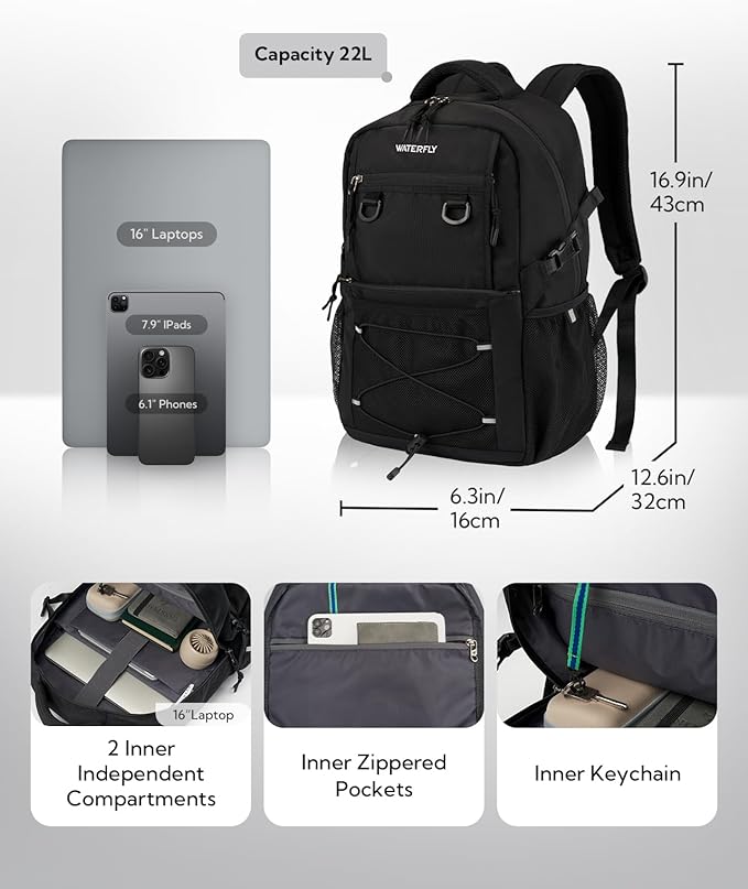 WATERFLY Travel Hiking Casual Backpack: 22L Lightweight Everyday Outdoor City Daypack College Bookbag for Woman Man
