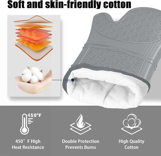 Oven Mitts with Heat-Resistant Hot Pads and Five Silicone Spatulas Designed for Kitchen Baking Cooking, Oven Glove Soft Cotton Lining, Waterproof, BPA-Free (GRYE, 12.6)