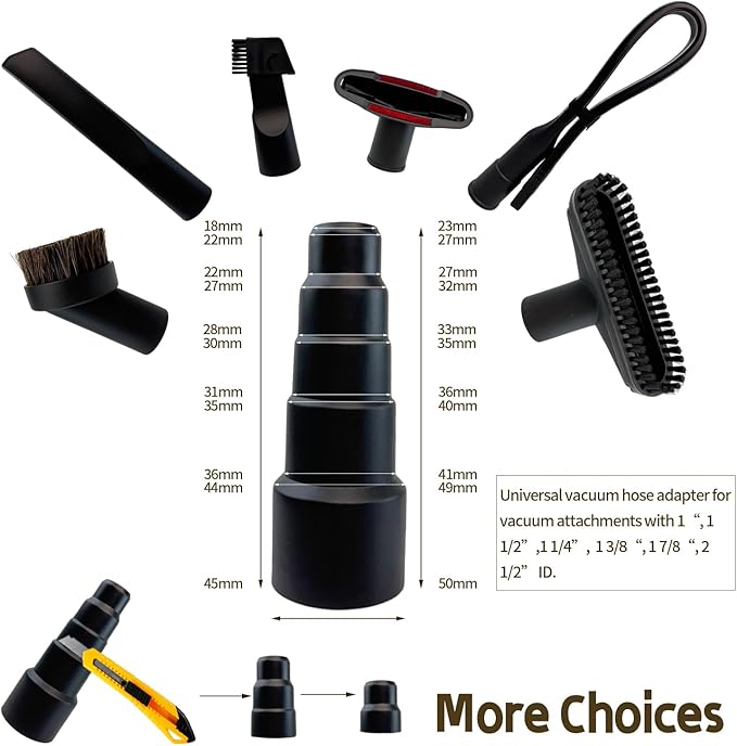 12-Piece 1 1/4 Inch Shop Vac Attachments Cleaning Kit With Dryer Lint Vac Attachment/Round Vacuum Brush/Flexible Crevice Tool (Hose Adapters for 1 1/4" to 2 1/2"Hoses)