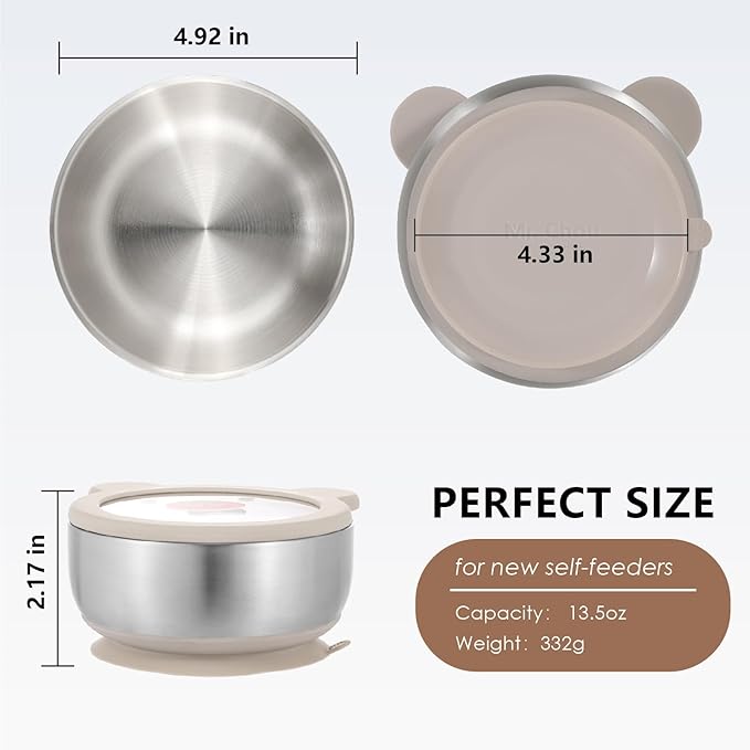 MR. CHOU Baby Bowls with Non-Slip Silicone Suction Cup, Insulated Double-Layer 304 Stainless Steel Toddler Bowls with BPA Free Airtight Lids, Food-Grade Silicone Safe for Kids (Beige)