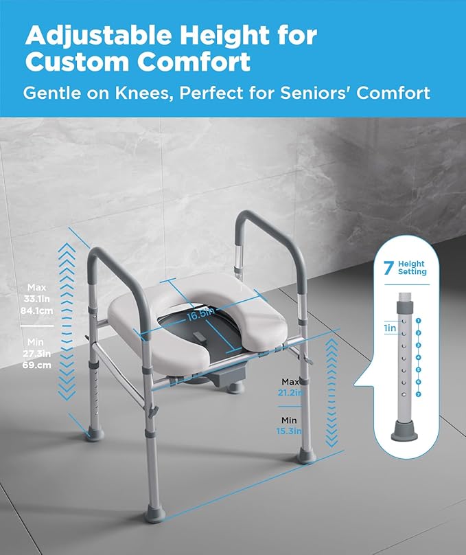 Bedside Commode for Seniors, FSA/HSA Eligible Bedside Toilet with Adjustable Width and Height, 400 LBS Weight Capacity, 16.5 Inch Extra Large Soft Seat Plate
