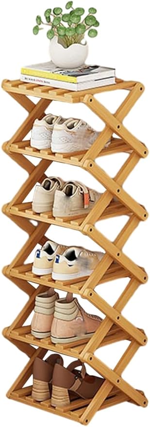 YYW Bamboo Shoe Rack for Entryway,Installation-Free and Foldable Vertical Shoe Storage Organizer,Free Standing Shoe Racks Shelf Closet Shoe Organizer for Living Room (Nature-6 Layers)