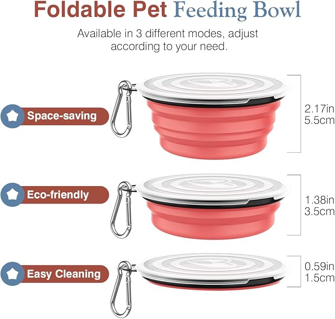 Pawaboo Collapsible Dog Bowls 2 Pack, Silicone Feeding Watering Bowls with Lids & Carabiners for Dogs Cats, Portable Water Feeder Food Bowl for Walking Traveling Home Use, Light Pink + Blue