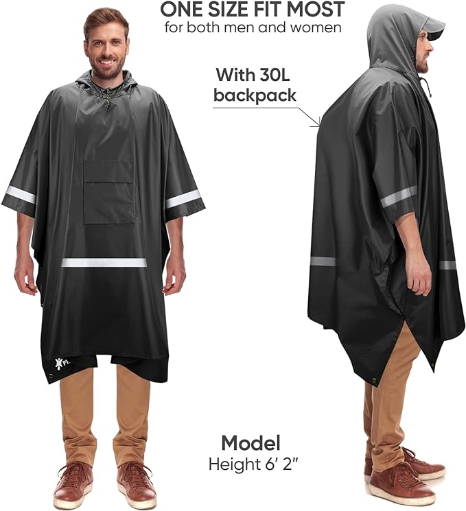 PTEROMY Hooded Rain Poncho for Adult with Pocket, Waterproof Lightweight Unisex Raincoat for Hiking Camping Emergency