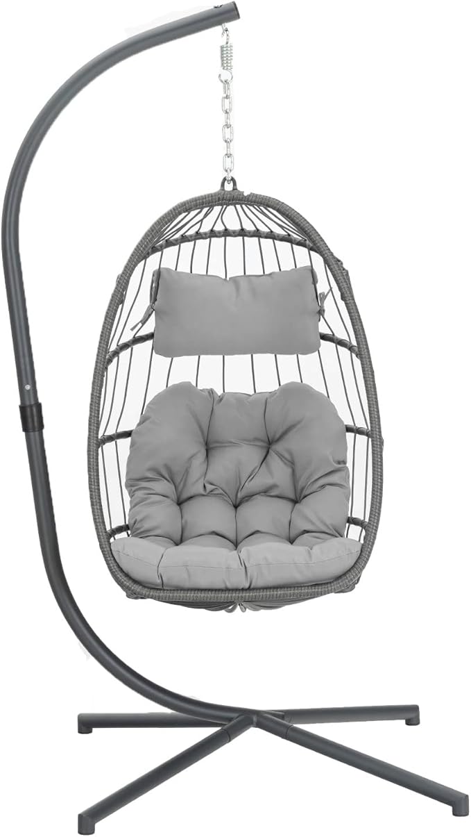 Yechen Egg Swing Chair with Stand, Rattan Wicker Hanging Egg Chair for Indoor Outdoor Bedroom Patio Hanging Basket Chair Hammock Chair with Aluminum Steel Frame, UV Resistant Cushion 350lbs Capacity