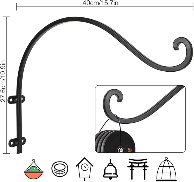 4Pack Heavy Duty Plant Hanger, 16inch Outdoor Hanging Plant Bracket, 60lbs Bearing Capacity Metal Wall Flower Pot Hanger Hooks, Wall Hanging Hooks for Wind Chimes, Bird Feeders, Lanterns