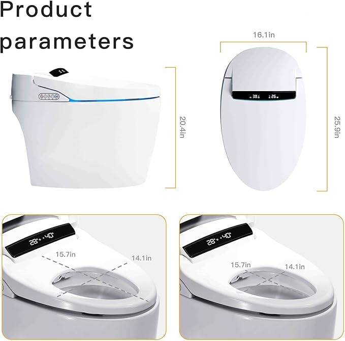 Smart Toilet, One Piece Bidet Toilet for Bathrooms, Toilets with Warm Water Sprayer & Dryer, Foot Sensor Operation, Heated Bidet Seat, Tankless Toilets with Fahrenheit LED Display