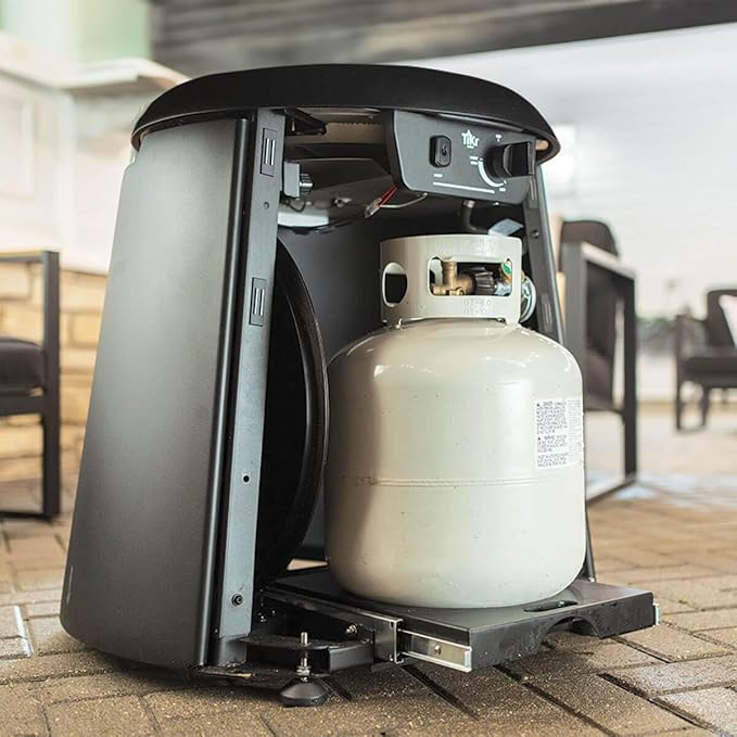 TIKI 28.5-Inch Customizable Propane Fire Pit, 40,000 BTU Outdoor Gas Fire Pit with Lava Rocks & Burner Cover – Modern Black Design for Patio, Backyard, and Outdoor Spaces