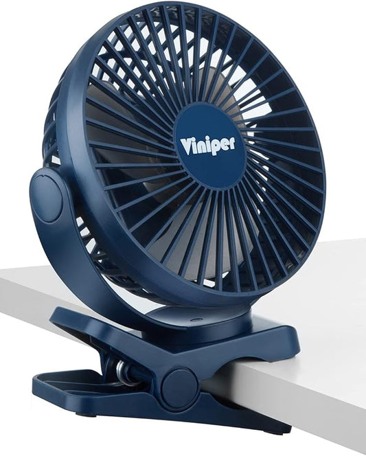 Viniper 6 inch Rechargeable Clip on Fan, 5000mah Battery Desk Fan : 360° Rotation & 3 Speeds Strong Wind Portable Fan, 8-30 Working Hours, Quiet and Powerful (Blue)