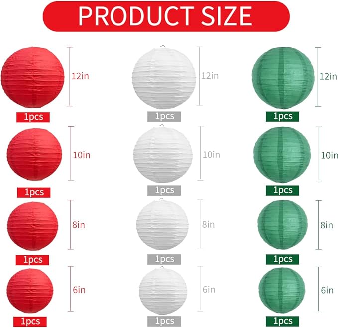 BEISHIDA 12Pcs Red Green White Paper Lanterns Decorative Hanging Round Paper Lanterns Lamp for Christmas，Birthday, Wedding,Bridal,Home Decor,Outdoor Decoration,Party Decoration
