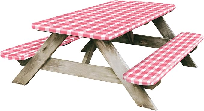 Picnic Table Cover and Bench Covers, Fitted Tablecloth Cover with Elastic Edge, Water and Oil Proof, for Outdoor, Garden, Camping, 72x28 Inch, 3 Pieces Set, Red & White