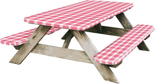 Picnic Table Cover and Bench Covers, Fitted Tablecloth Cover with Elastic Edge, Water and Oil Proof, for Outdoor, Garden, Camping, 72x28 Inch, 3 Pieces Set, Red & White