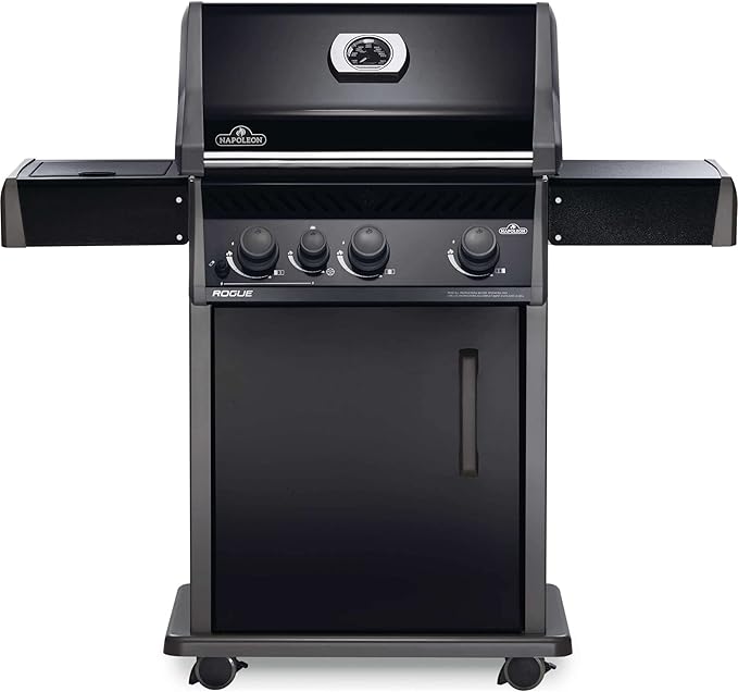Napoleon Rogue 425 Natural Gas Grill with Range Side Burner, Black, 3 Stainless Steel Main Burners, Durable Heat Control
