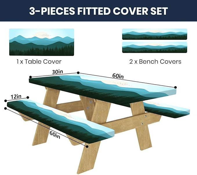 CAPSCEOLL Elastic Picnic Table Cover with Bench Covers 5Ft Waterproof Fitted Picnic Table Cover Cloths for Outdoors Camping Tablecloth with Drawstring Bag, 60X30in, Green Mountain