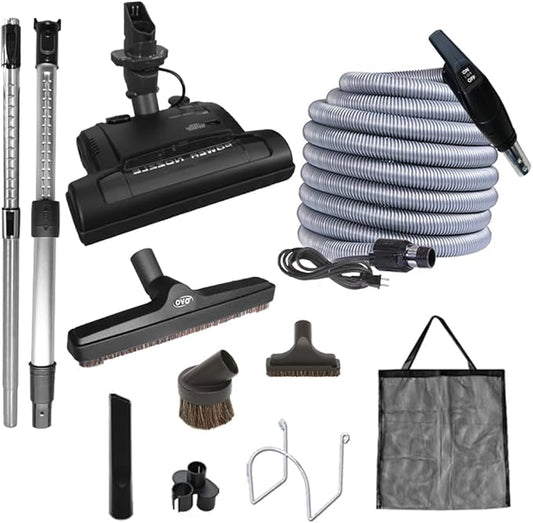 OVO Central Vacuum Carpet Deluxe Kit, 35ft High Voltage Hose with Pigtail, On-Off Switch at The Handle, 6 Adjustable Heights Electric Carpet Beater, 12’’ Floor Brush and Accessories, Black
