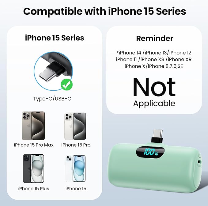 Mini Portable Charger USB C Power Bank,Upgraded 5000mAh PD Fast Charging Battery Pack Built-in USB-C Connector,LCD Display,Compatible with iPhone 15,15 Plus,15 Pro/Max,iPad Pro/Air, Android Phone etc