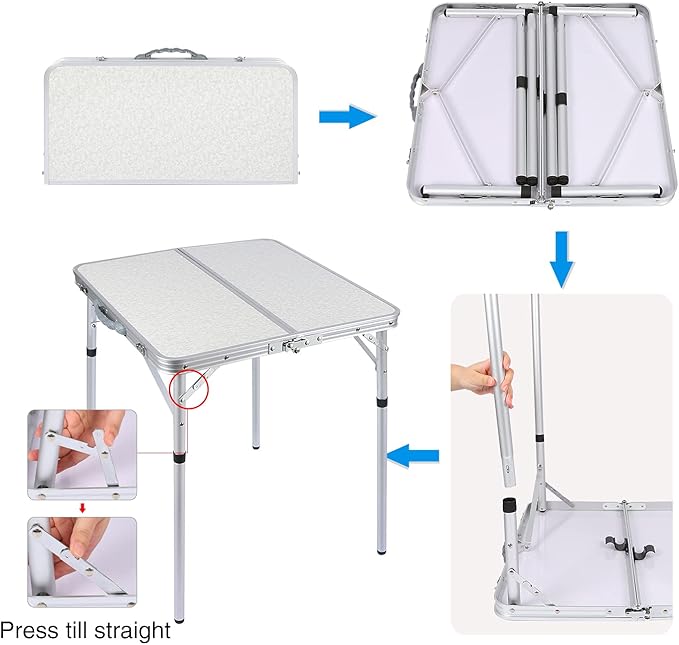 RedSwing Small Square Folding Table 2 Feet Adjustable Height, Lightweight and Portable Aluminum Camping Table for Outdoor Indoor Picnic, 24 in x 24 in x 27 in