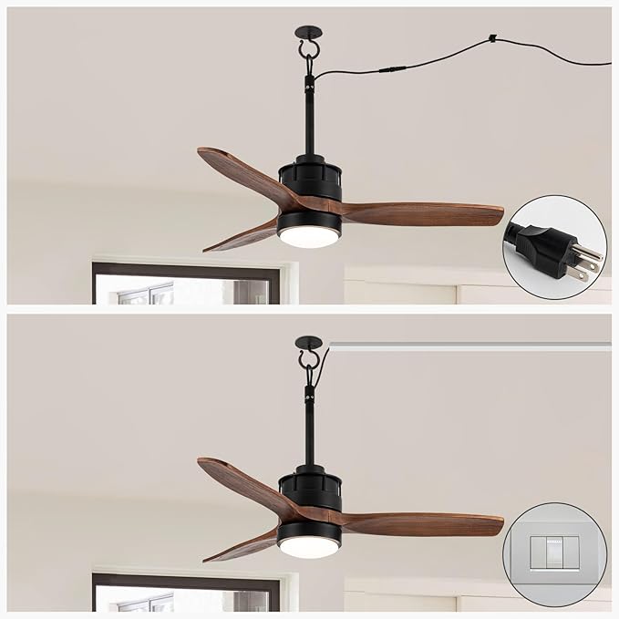 EKIZNSN 42“ Wet Rated Ceiling Fans with Lights Outdoor Hanging for Gazebo Waterproof, DC Motor w 3 Reversible Walnut Wood Blades, Walnut