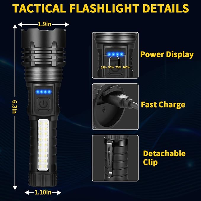 Rechargeable Flashlights High Lumens, 7Mode Flashlights Rechargeable, Super Bright Flashlight, Adjustable Tactical Flash Light, High Powered Flash Light, LED Flashlight for Emergency Home 2Pack