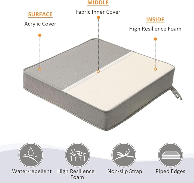 Sunbrella Square Corner Seat Cushions, 19" x 19" x 3", Set of 4, Indoor Outdoor Water Repellent Universal Chair Pads with Ties for Patio Furniture, Garden Dining Chairs, Specrtum Pebble