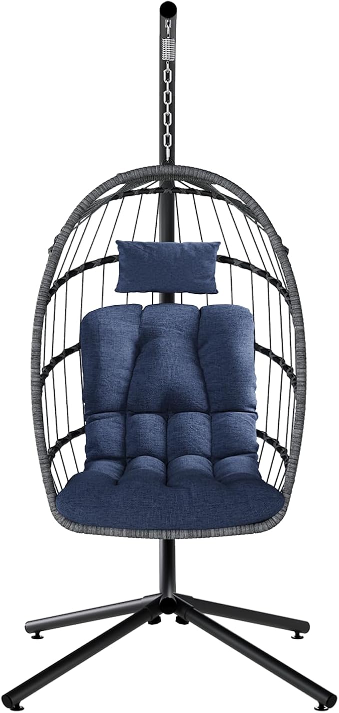 SWITTE Egg Chair Outdoor with Stand, Indoor Wicker Hanging Egg Swing Chair with Cushion, 350lbs Capacity for Patio, Bedroom, Garden - Dark Blue