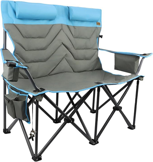 Folding Camping Chair - Oversize Camping Chairs for Adults, 2 Seat Folding Chair Support 650lbs with Pillows & Cup Holders & Cooler Bags- Heavy Duty Chair for Sports Garden Beach Fishing(Bluegray)