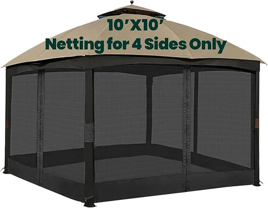 Gazebo Universal Replacement Mosquito Netting, 10' x 10' Outdoor Canopy Net Screen 4-Panel Sidewall Curtain, with Zippers, Easy to Install, Fit for Most Gazebo 10x10 Canopy, Black