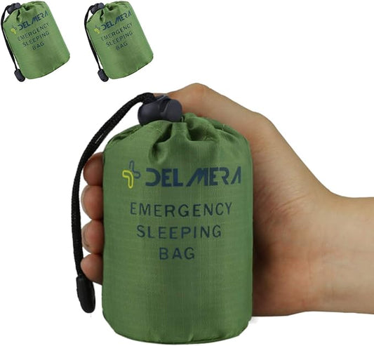 Delmera Emergency Sleeping Bag, Lightweight Survival Sleeping Bags Waterproof Thermal Emergency Blanket, Bivy Sack Survival Gear for Outdoor Adventure, Camping, Hiking, Orange, Green