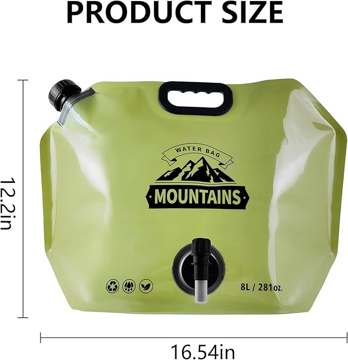 Collapsible 8L Water Storage Bag, BPA-Free Portable Folding Water Jug with Adjustable Faucet, Leakproof Emergency Water Bag for Camping, Hiking, Riding, Outdoor Sport (GREEN, 2)